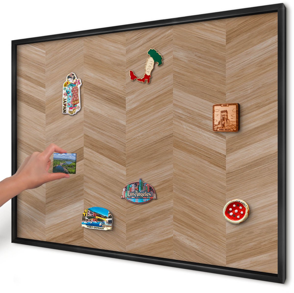 Artprintcave Bruin Magneetbord mit Zwart Frame - 100x70 cm - Houten Visgraatmotief Wandbord Magnetisch - Rustiek Magneetbord Voor Foto's - Texturen