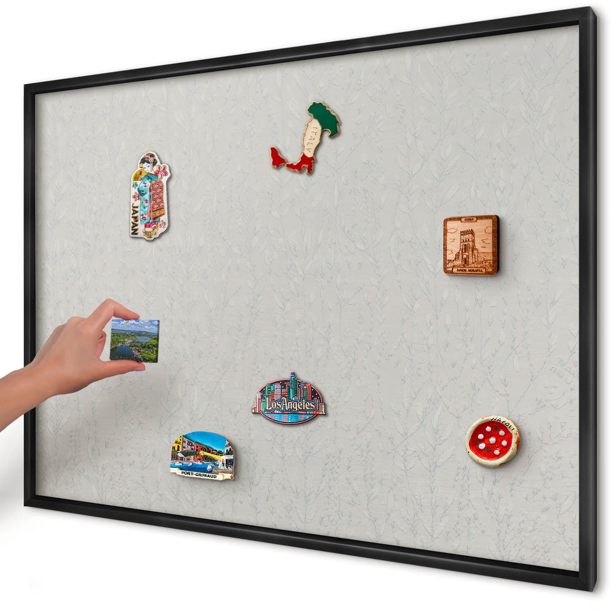 Artprintcave Grijs Magneetbord mit Zwart Frame - 100x70 cm - Plantenpatroon Magneetbord Voor Foto's - Minimalist Memobord Keuken - Achtergronden En Patronen