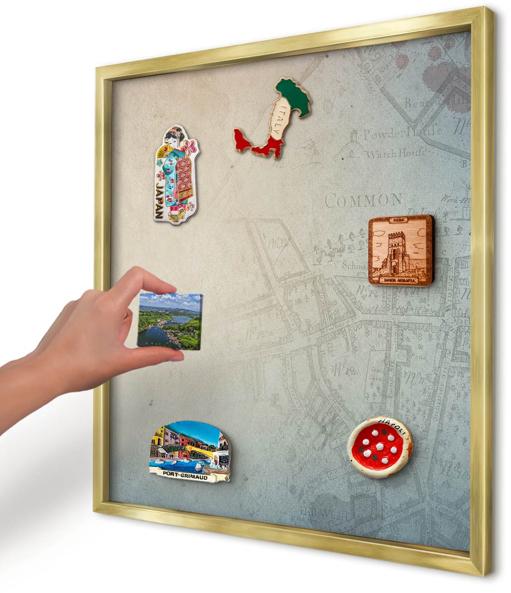 Artprintcave Beige Magneetbord mit Gouden Frame - 50x50 cm - Oude Kaart Magneetbord Voor Foto's - Vintage Memobord Keuken - Kaarten