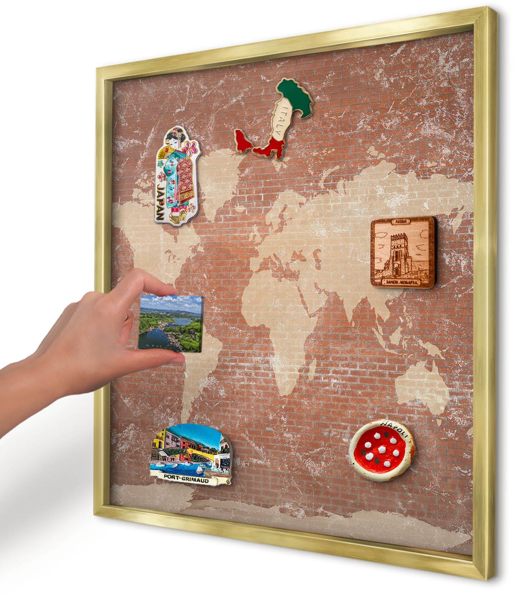 Artprintcave Bruin Magneetbord mit Gouden Frame - 50x50 cm - Bakstenen Plattegrond Magneet Bord mit Frame - Industrieel/Loft Bord Voor Magneten - Kaarten