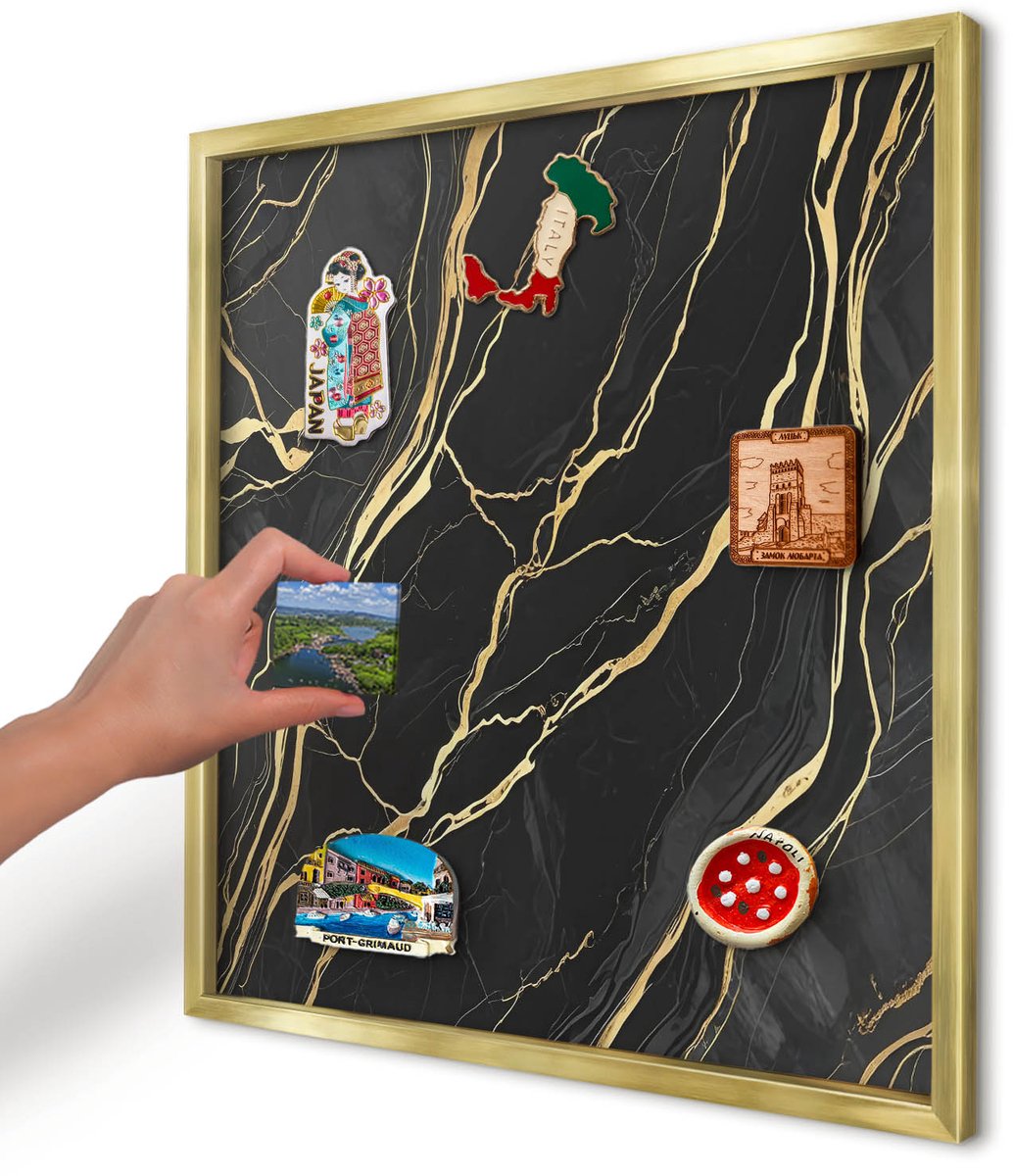 Artprintcave Zwart Magneetbord mit Gouden Frame - 50x50 cm - Luxueuze Golven Magneetbord Voor Keuken - Abstract Magnetische Organizer - Abstractie