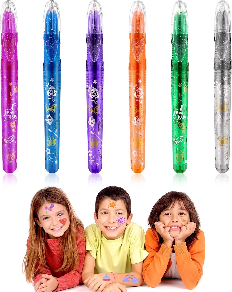 tijdelijke tattoo pen, 6 stuks glitter tattoo pennen voor kinderen, veelkleurige tattoo markers voor de huid en het lichaam, tattoo pennen, geschikt voor Halloween, carnaval, maskerade