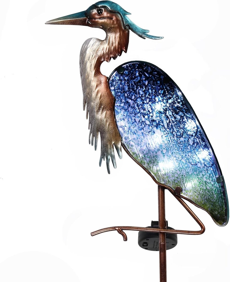 SnelShoppen - Tuinbeeld Grijze Reiger 106cm - Solar LED Tuinlicht - Metalen en Glazen Waterdichte Grondlamp - Ideaal voor Tuin, Vijver en Buitenverlic