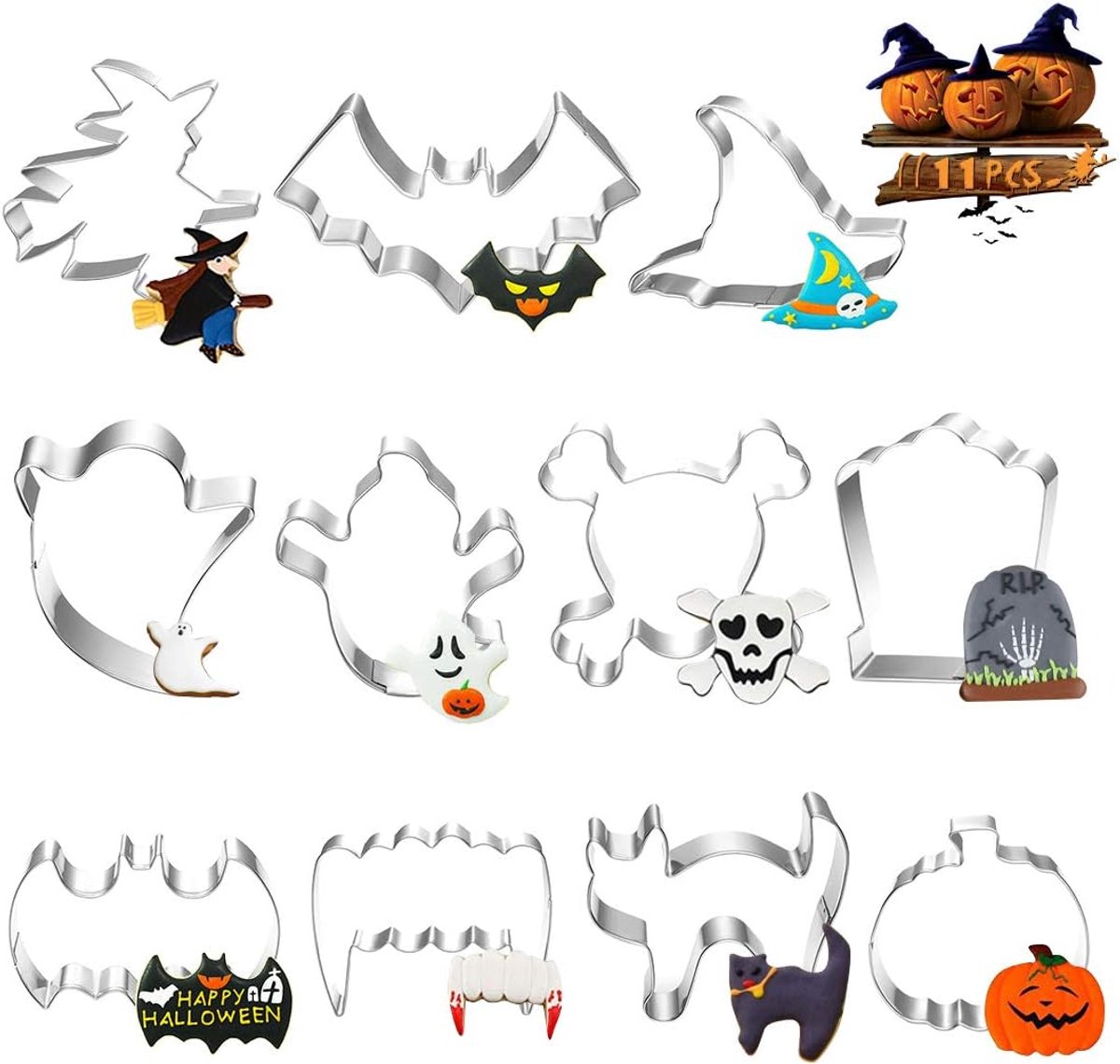 Halloween koekjesuitsteekvormen 11-delig - roestvrij staal - verschillende vormen - leuk voor kinderfeestjes - ShopVlot