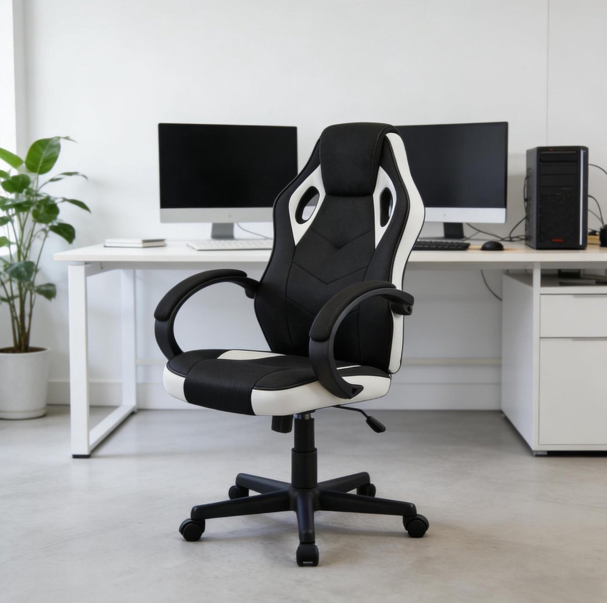 REDOM - Gamingstoel - Ergonomische hoge rugleuning - Verstelbare zithoogte en schommelfunctie - Met hoofdsteun en vaste armleuningen - Mesh en metaal - Zwart Wit - 62 x 114 cm