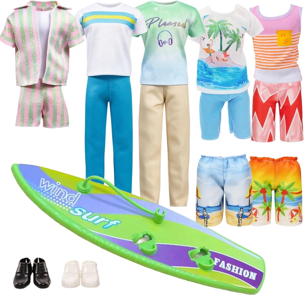 Zomerse surfset voor poppen van 30,5 cm met 10 modieuze outfits, zwembroeken en schoenen, perfect zomercadeau voor creatief spel
