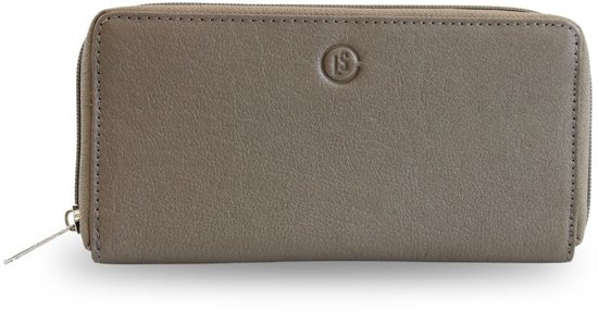 Portefeuille grise en cuir de la marque LS avec un logo circulaire sur le devant et une fermeture éclair.
