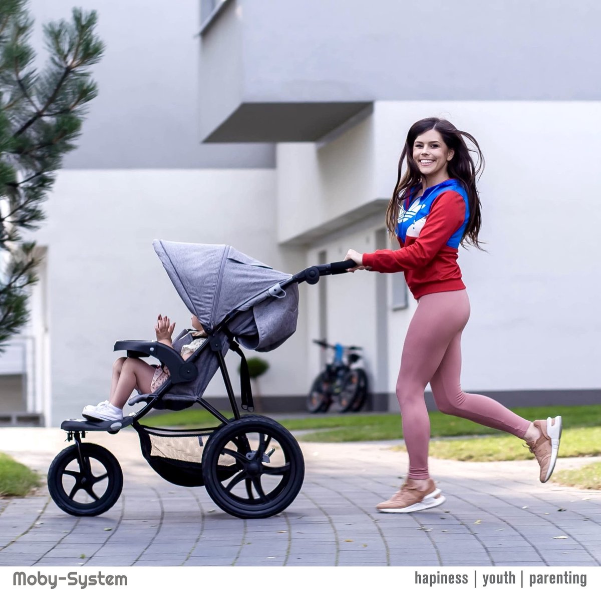 SnelShoppen - Moby-System kinderwagen 0m+ tot 3 jaar driewieler Jogging kinderwagen met 3 wielen opvouwbaar verstelbare rugleuning grijs ideaal voor w