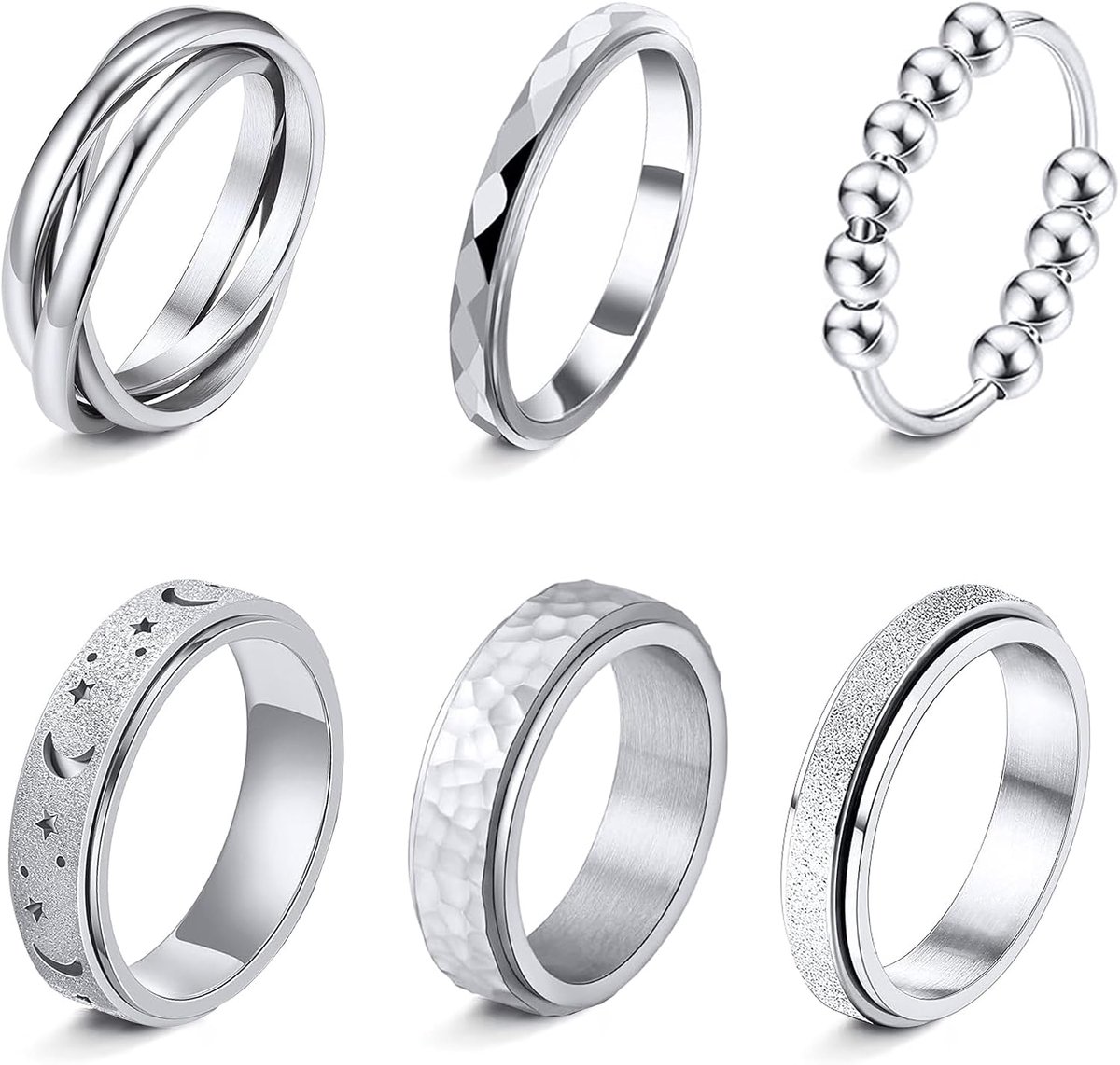 Ringen, set van 6 stuks, van roestvrij staal, spinner-ring, anti-angst en stressverlichtend, ontwerp met maantjes, sterretjes en CZ (kubische zirkonia), voor dames en heren