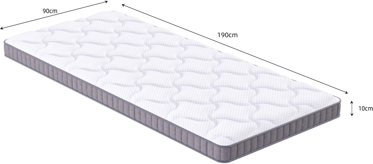FloraGrace Pocketveringmatras 90x190x10 Cm - 7 Zones Met Traagschuim - Stevige Ondersteuning - Eenpersoons - Wit - Met Matras