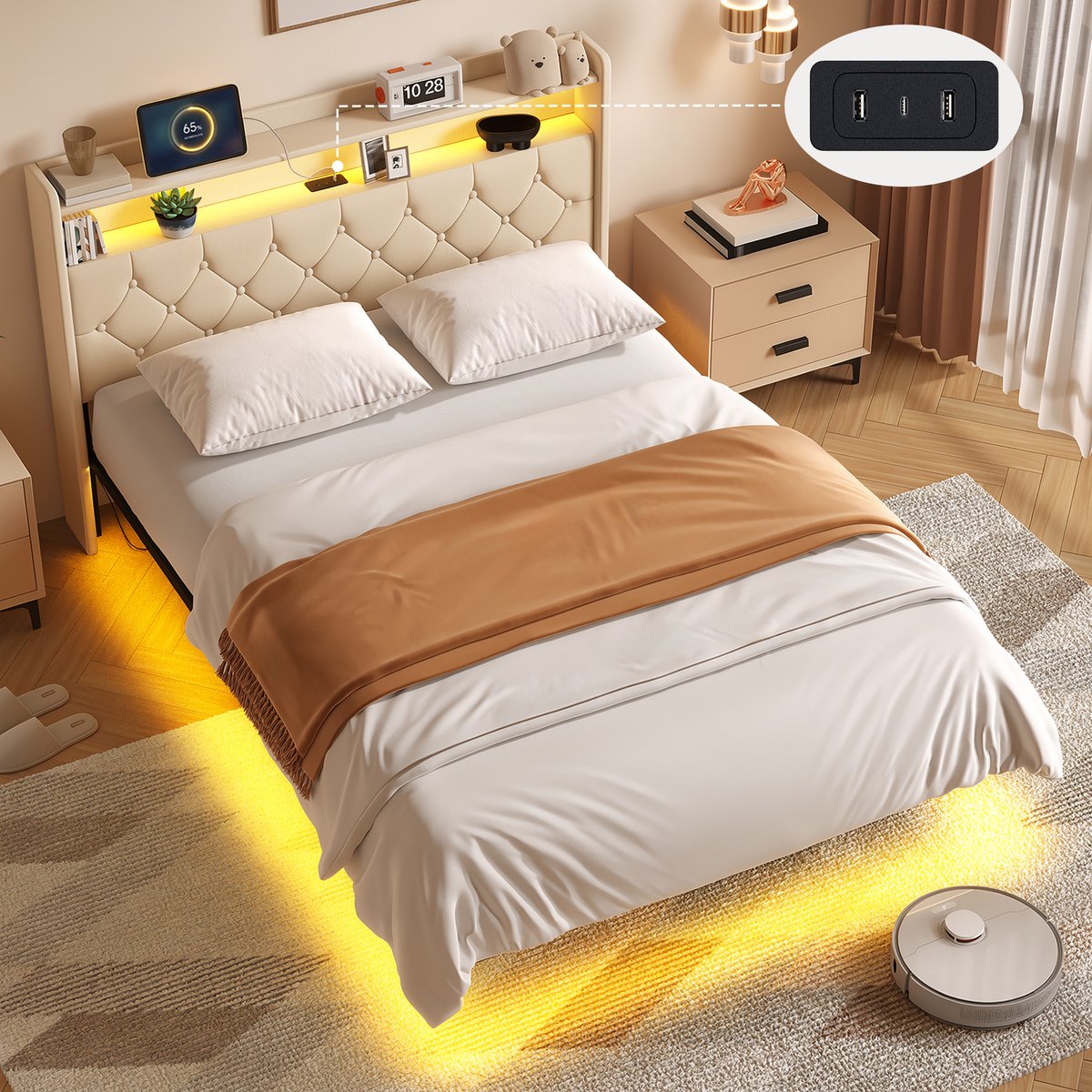 Xbro Bed 140 x 200 cm met Verstelbare LED-verlichting en USB-oplaadpoort, Tweepersoonsbed met Lattenbodem, Gestoffeerd Bed met Hoofdbord en Opbergruimte, Beige