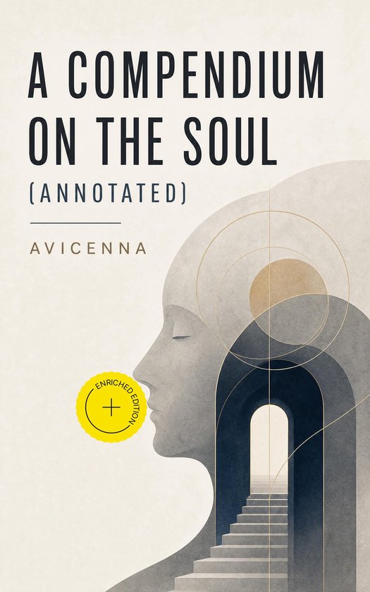 Boek 'A Compendium on the Soul' (Annotated), met een profiel van een vrouw en een trap die naar een boog leidt. Goudgele cirkel met tekst 'Enriched Edition'.