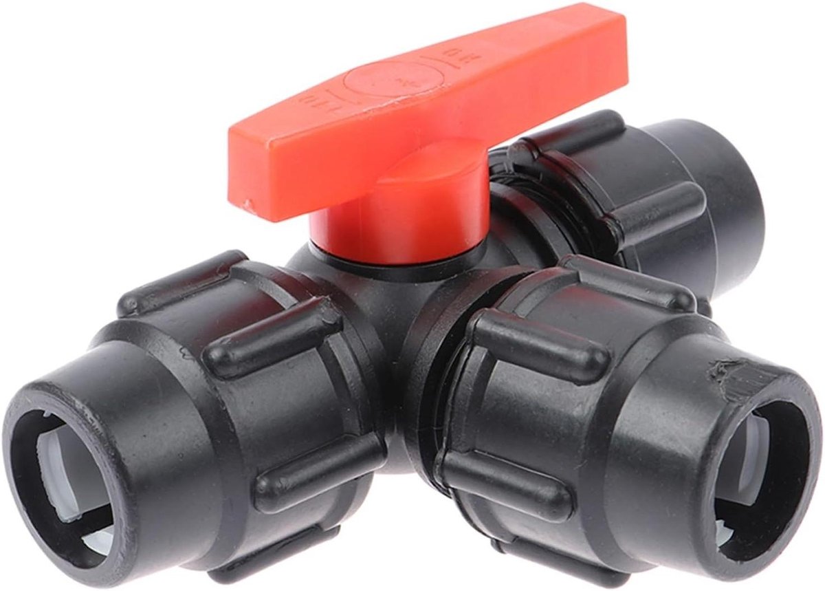 Kogelkraan Driewegklep - Plastic T-stuk - Water Gas Olie - Snel Openen Sluiten - 32mm - Zwart Blauw