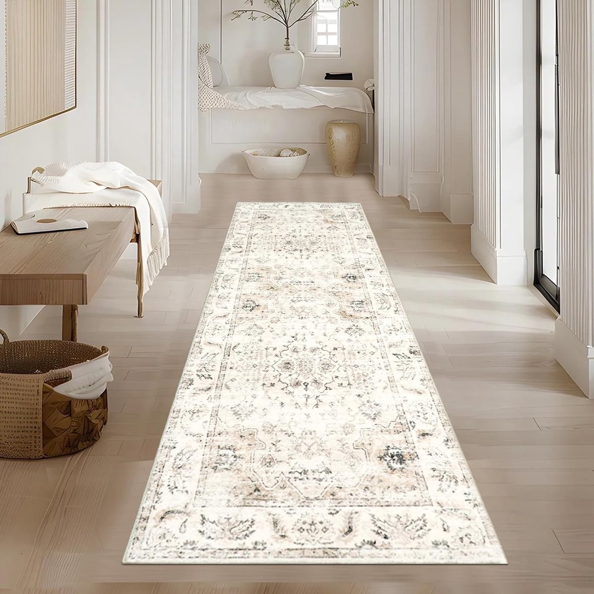 Vintage Loper Tapijt 65x240cm Wasbaar voor Hal, Slaapkamer, Keuken en Gang - Beige Korte Poolvloerbedekking