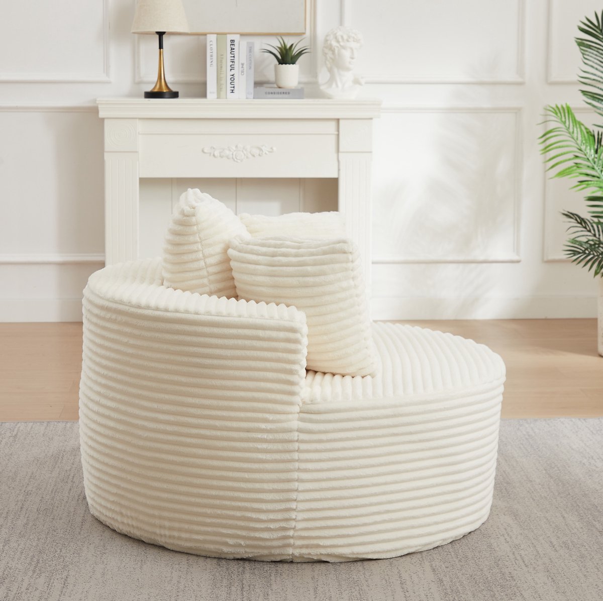 MEUNIQ Ronde cord faeuteuil 110 cm met brede armleuningen en 3 kussens, beige, voor woonkamer of slaapkamer