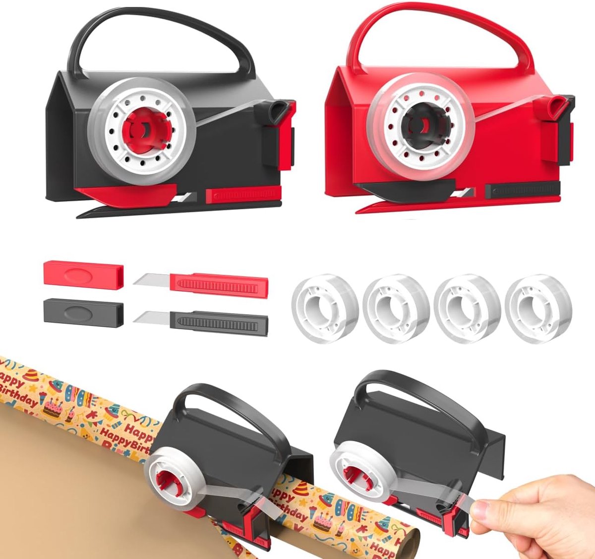 cadeaupapier snijder voor rollen, 2 stuks cadeaupapier snijder met 2 verwisselbare messen, 4 stuks plakband, draagbare papiersnijder, voor cadeaupapier, Kerstmis enz