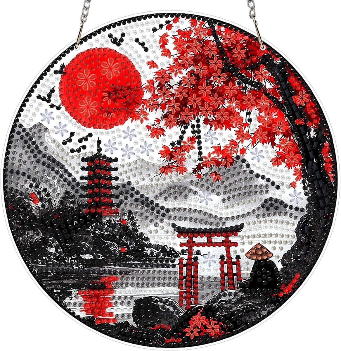 Diamond Painting Raamfoto's, Japanse Stijl Landschap Diamond Painting Hanger Volwassenen, Rood Esdoornblad Diamant Foto's Kunst Hangende Ornament Kits Voor Thuis Raam Decor 20x20cm
