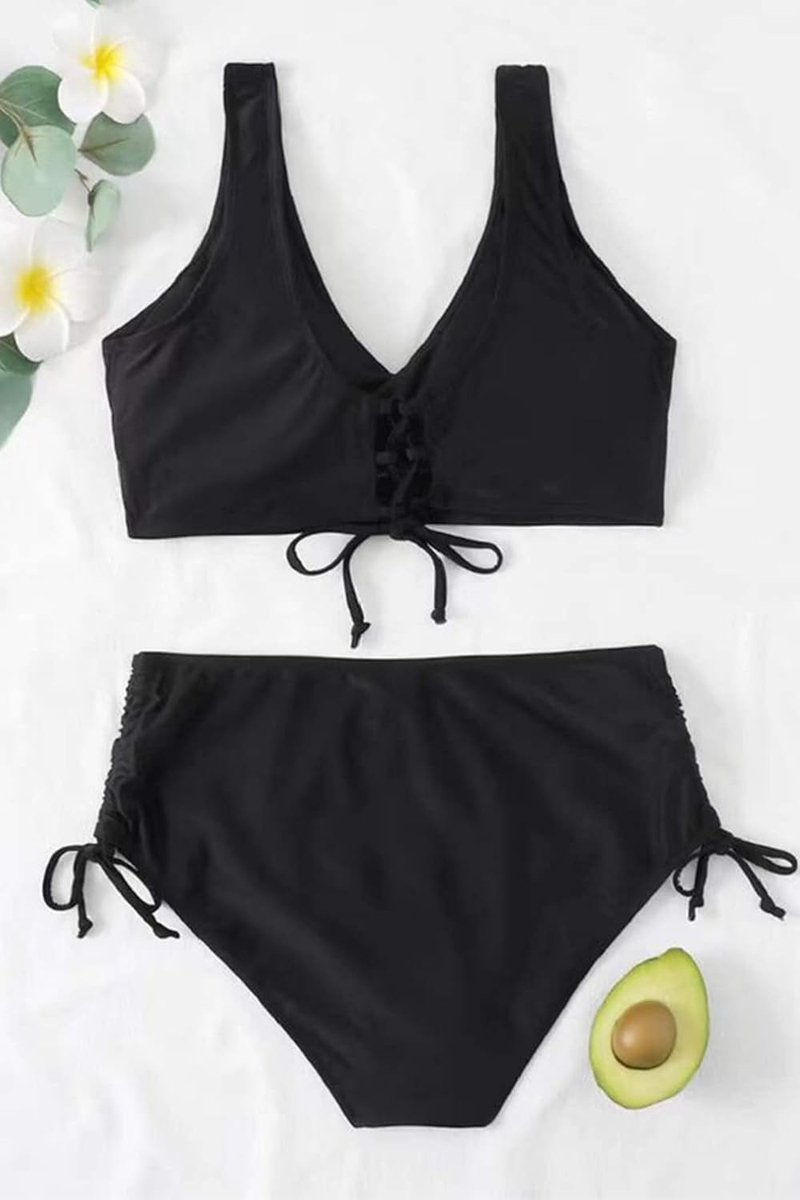 Dames bikiniset Cross Back Badpakken Effen Badmode Trekkoord Side Bikini Sexy Crossover Top Triangel Bikinibroek Hoge Taille Gevoerde Strandbikini Tweedelig, zwart, L