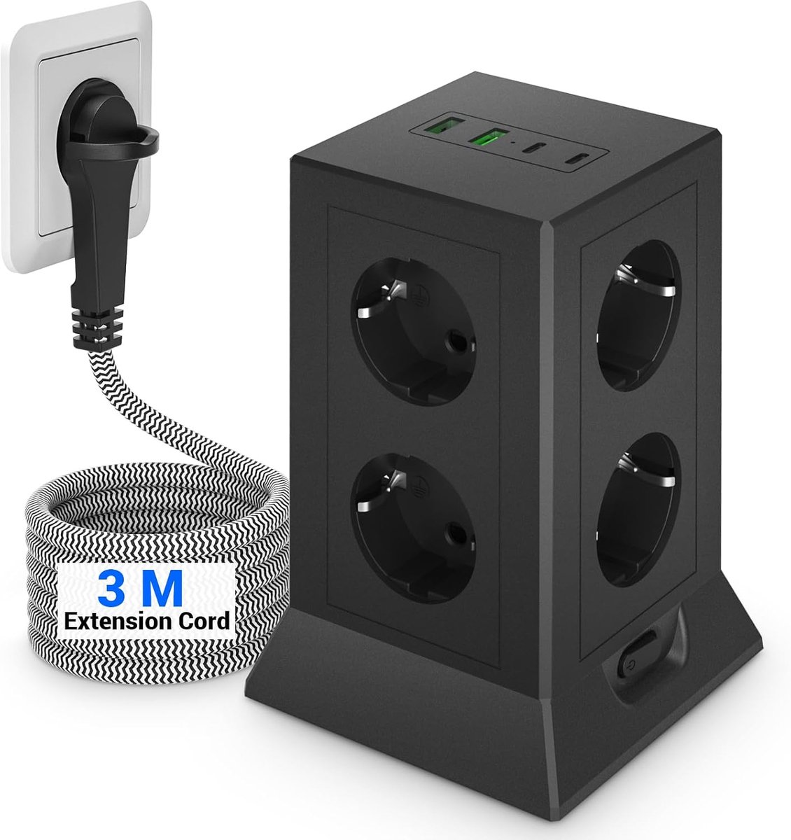 Stekkerdoos met USB C, Stopcontact Toren Platte Stekker, 3M Verlengkabel, Meervoudige Contactdoos, Overspanningsbeveiliging, Stekkerdoos 8-voudige met 4 USB voor Kantoor, Woonkamer, Zwart