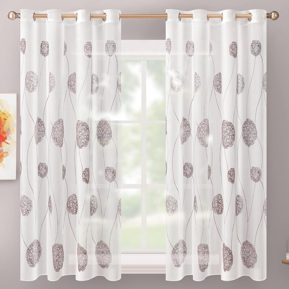 Lifestyle Gordijn met oogjes, 140x145 cm, semi-transparant, gestileerde bloemen op witte achtergrond, set van 2
