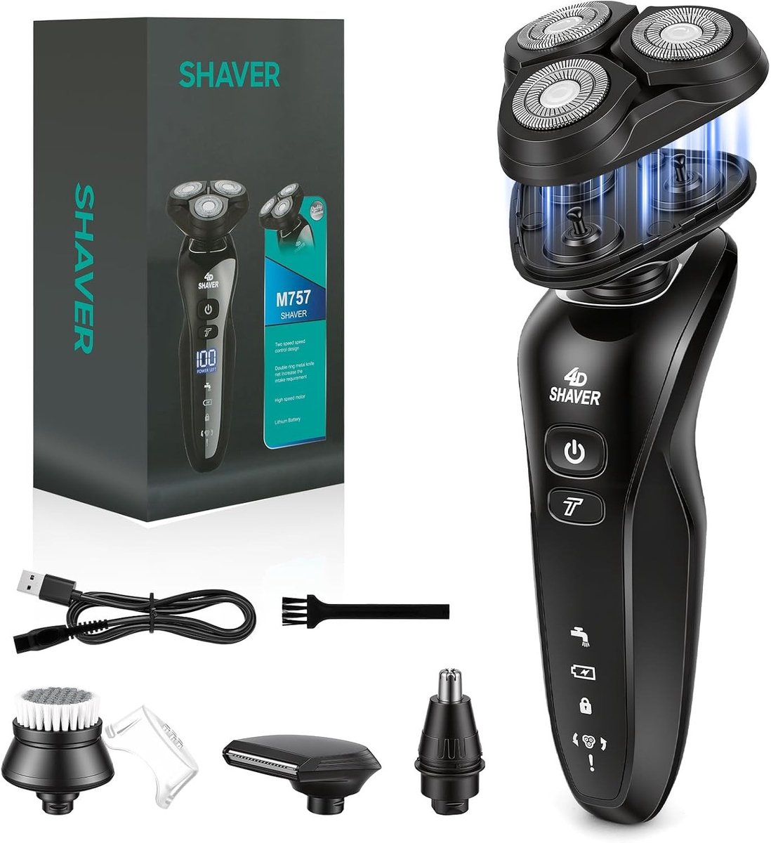 3-in-1 Elektrische Scheerapparaat voor Mannen met Neus- en Bakkebaardopzetstuk, IPX6 Waterdicht, Geschikt voor Nat en Droog Scheren, LED Display, Perfect Cadeau voor Hem