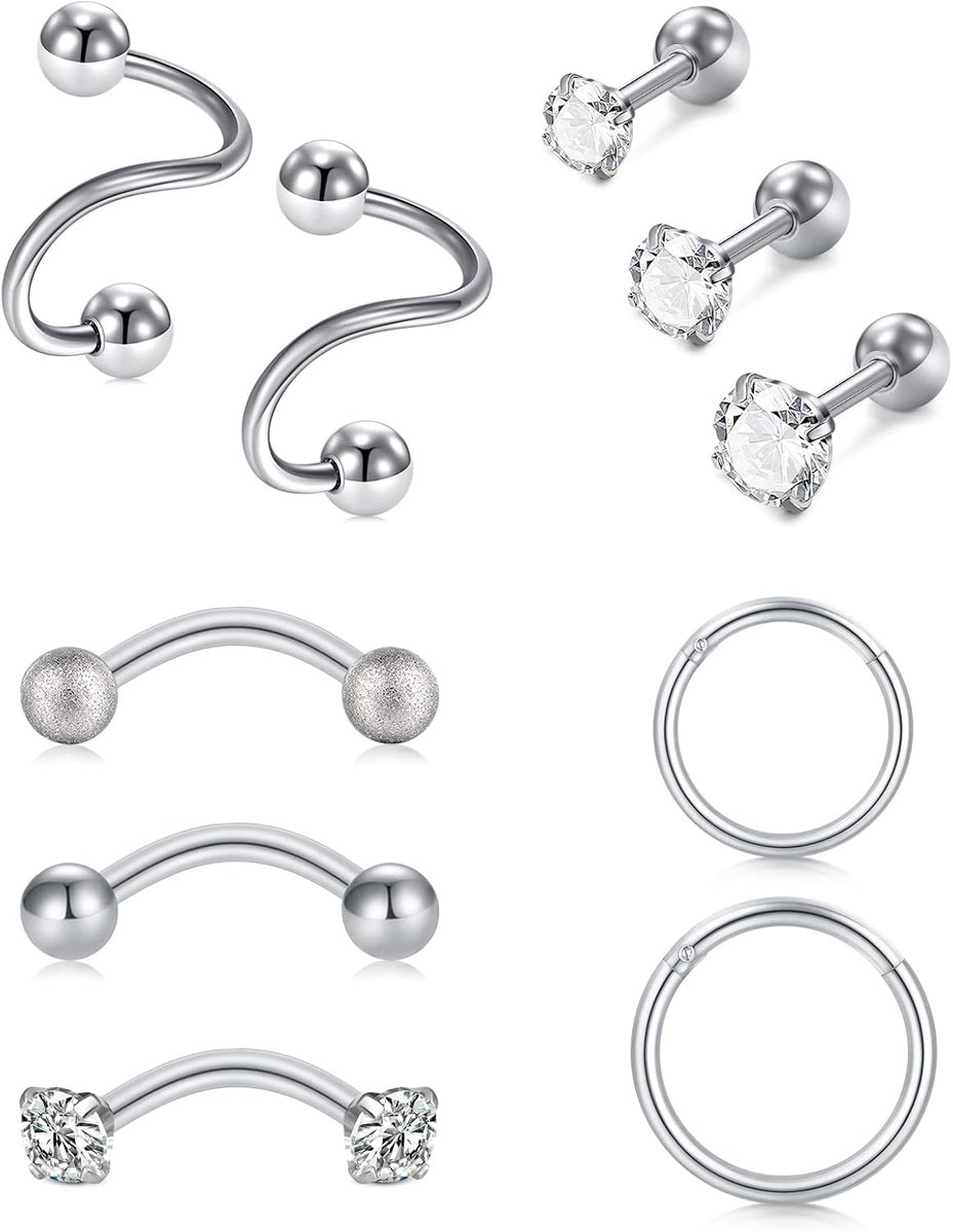 10 stuks chirurgisch staal piercing helix conch S Twist 16G scharnierende clicker piercing neus lip boog set rook conch daith piercing sieraden voor dames