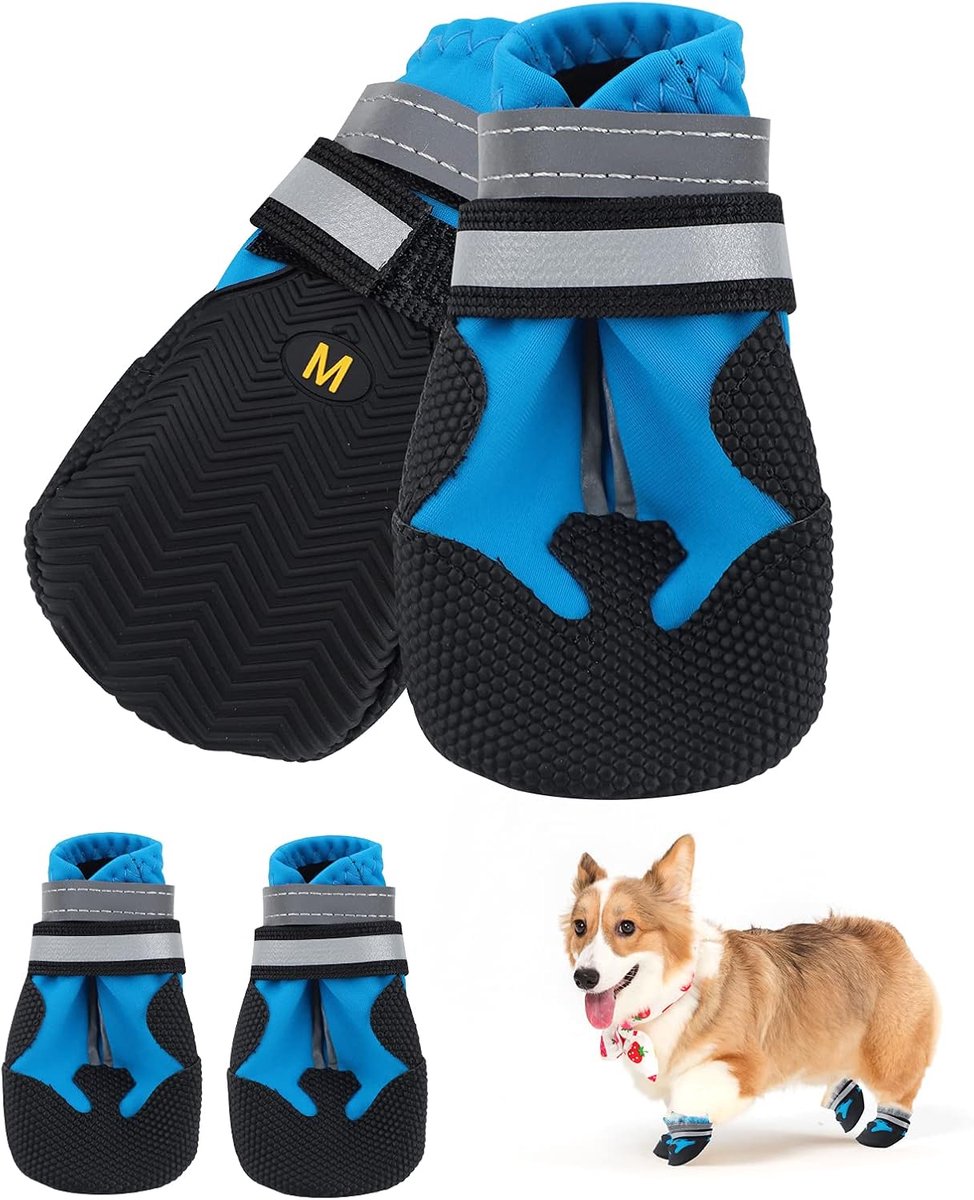 Schoenen, 4 stuks waterdichte hondenschoenen met reflecterende riemen, antislipzool, outdoor pootbeschermer voor kleine en middelgrote honden, blauw (M)