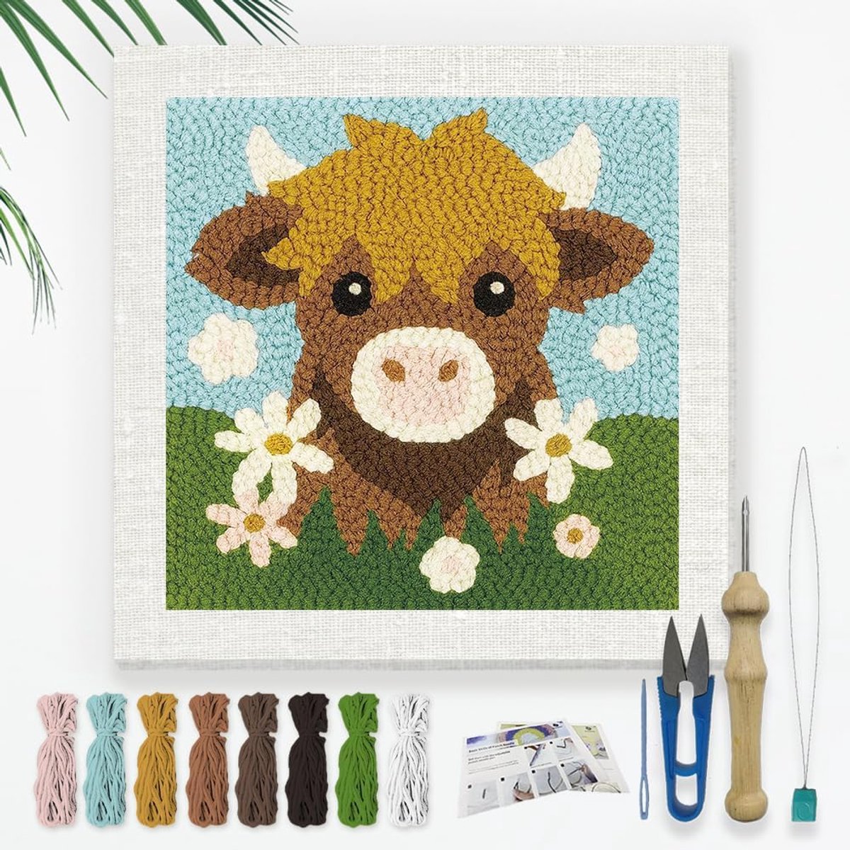 Highland Cow DIY ponsnaald borduurset voor volwassen beginners, 24 cm Highland Cow dier ponsnaald borduurset voor starters met frame, stofpatroon, rijgnaald, garen, ponsnaald