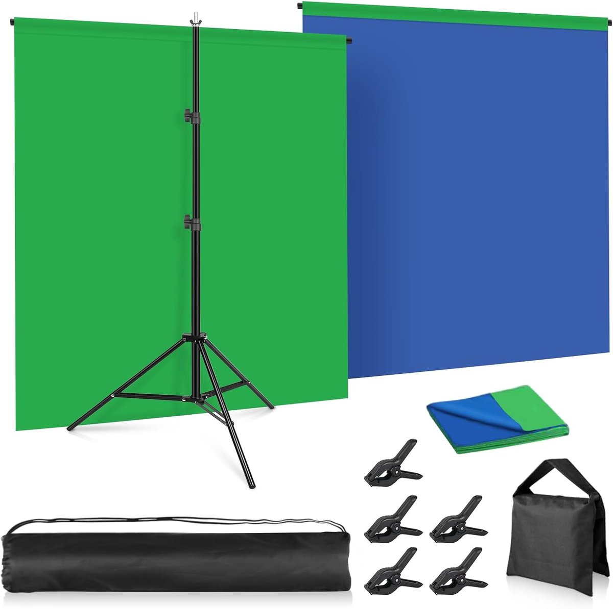 Blauwe Achtergrond met Standaard, Foccalli 2-in-1 6,5x5ft Green Screen Blauwe Groene Achtergrond Kit voor Chroma Key Streaming Gaming Fotoshoot met Draagtas en 5 Clips