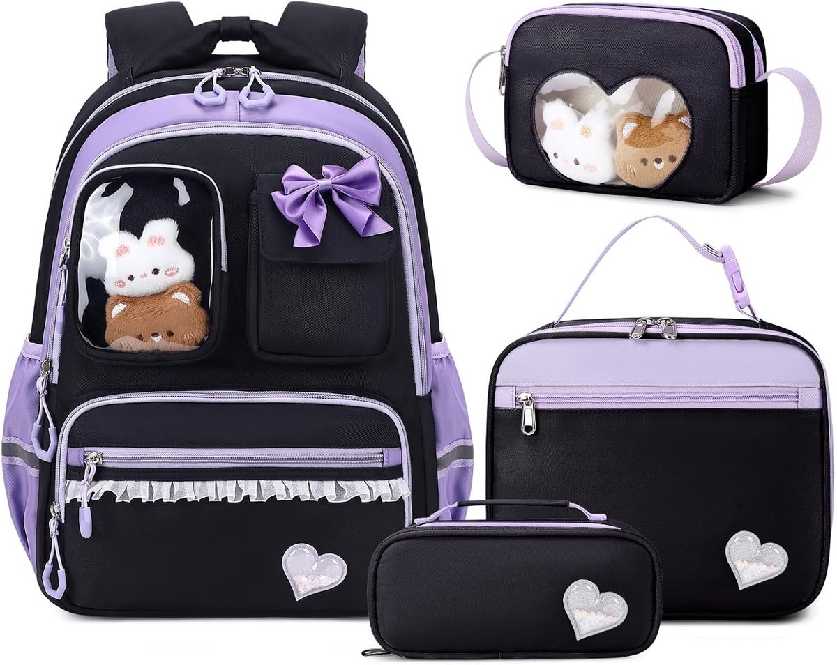 Schooltas voor Meisjes, Set van 4 Ademende Rugzakken voor Meisjes, Casual Schooltas met Etui, Lunchtas en Schoudertas, Zwart Paars, 31 x 17 x 43 cm