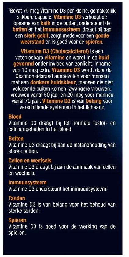 Informatie over Vitamine D3 voor botten, tanden, spieren en immuunsysteem.