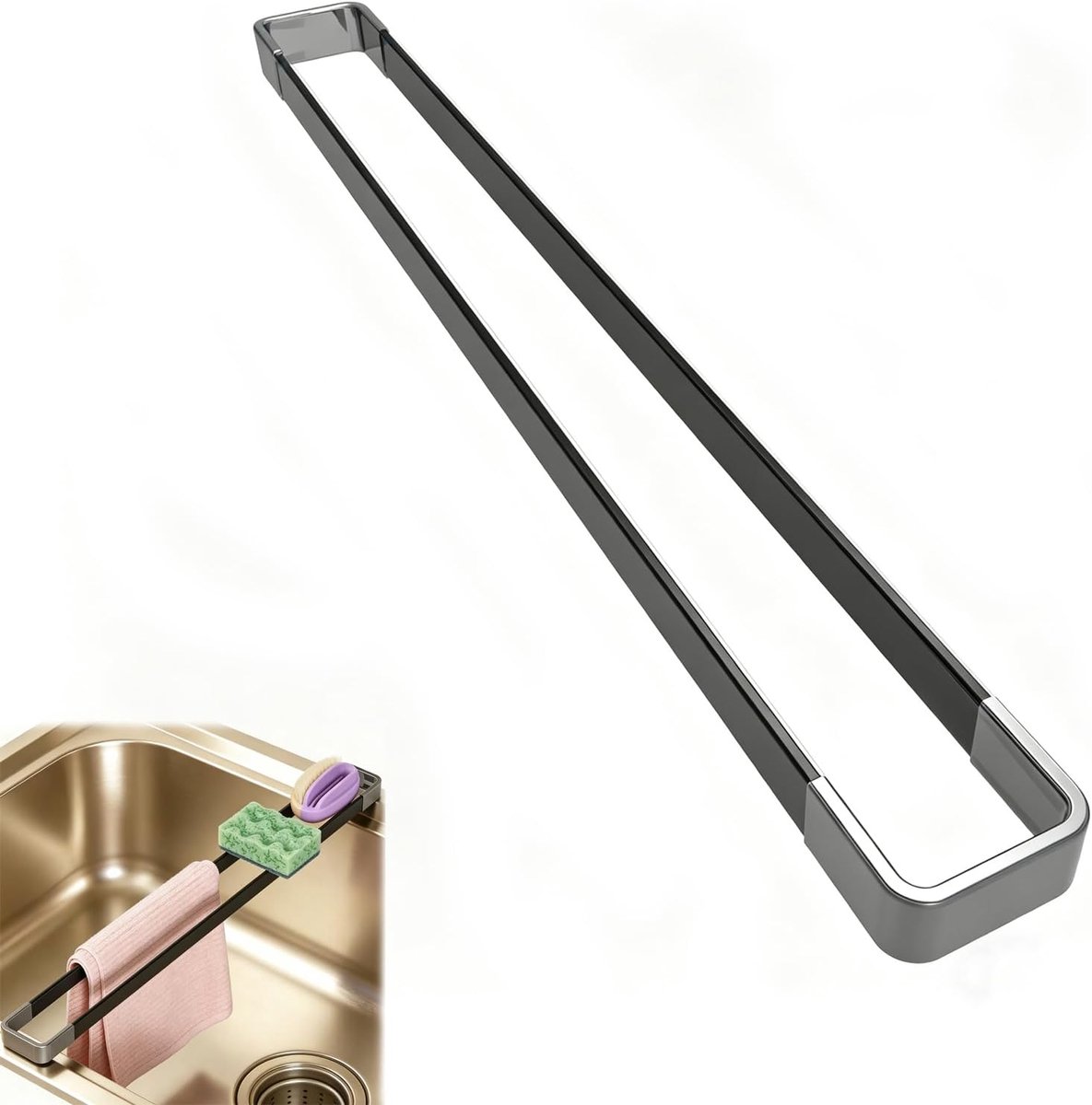 43 cm, Multifunctionele spoelbak-organizer, sponshouder, lappenhouder voor spoelbakken, zwart spullappenhouder, wasbak-organizer voor de keuken, droogrek voor keukenhanddoeken, sponzen