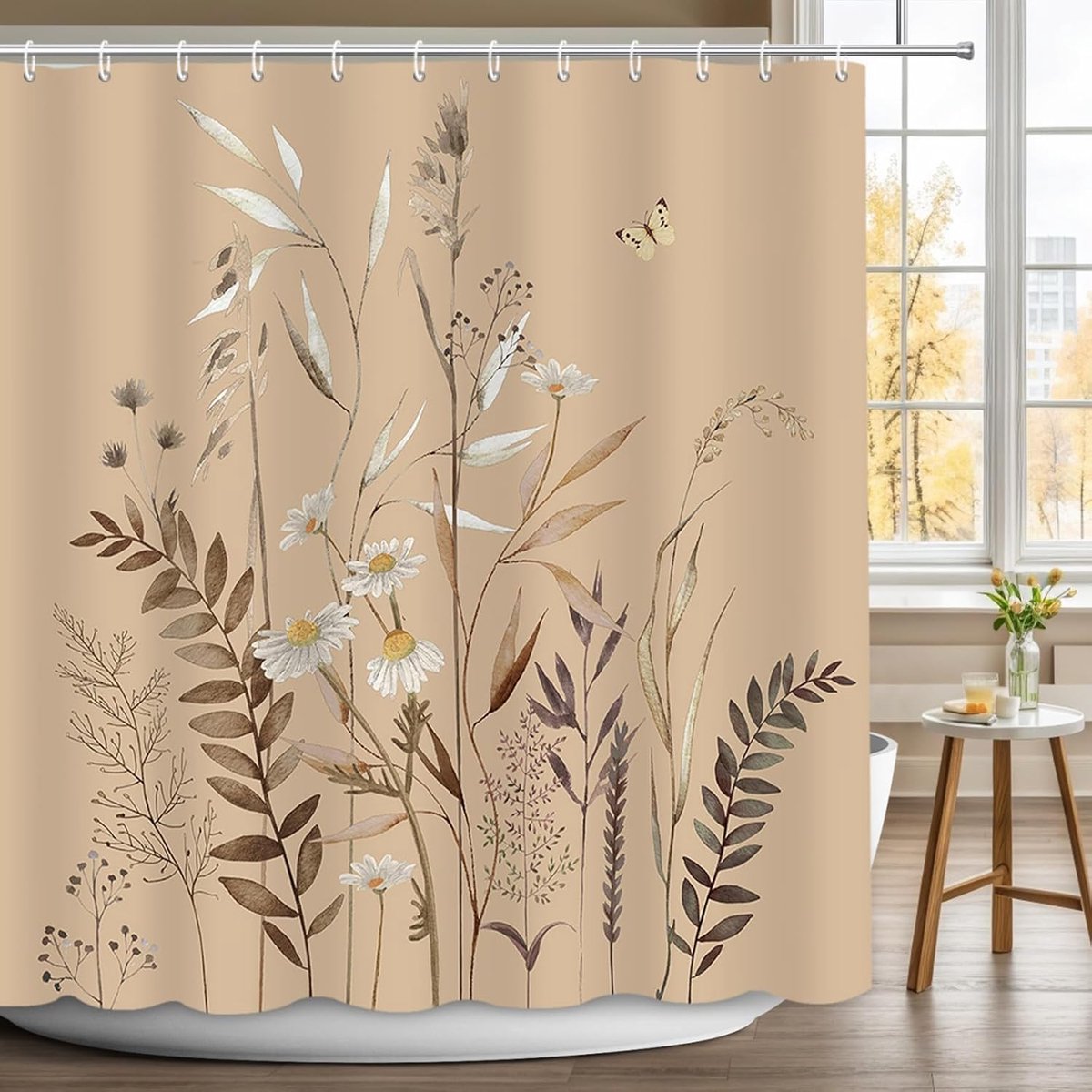 Boheems Bloem Douchegordijn, Bloem Blad Vlinder Boheemse Stijl Badkamergordijn, Plant Badkamer Douchegordijn, Boerderij Vintage Minimalistische Art Deco 183 x 183 cm