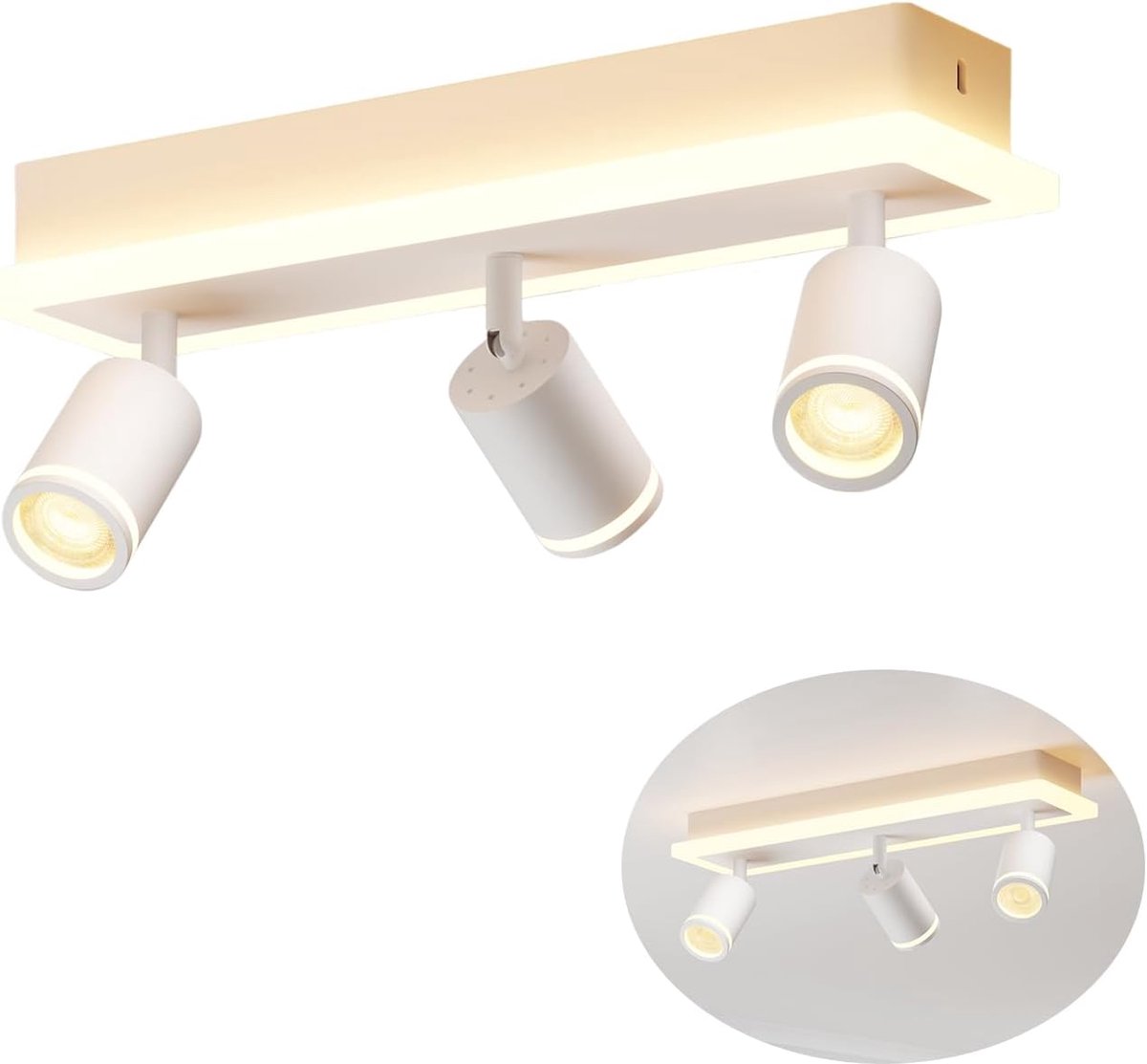 LED-plafondlamp 3 schijnwerpers, witte GU10-plafondlamp, rechthoekige basis met geïntegreerde lichtbalk, geschikt voor de woonkamer (geen lamp)