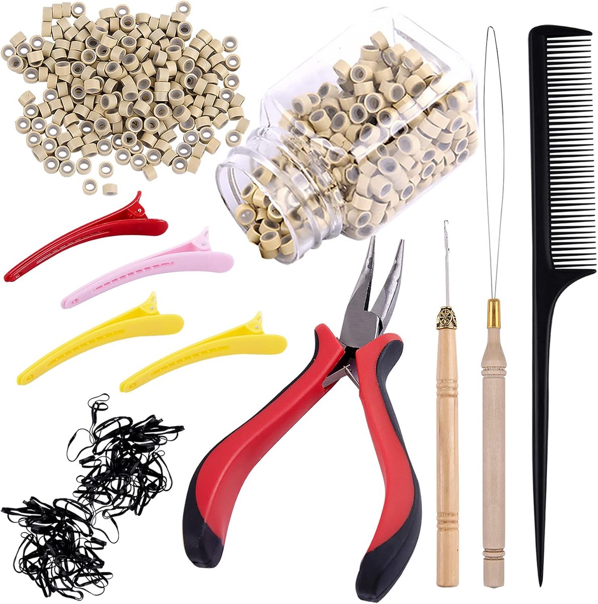 Set haarverlengingsgereedschap, 500 stuks, zwart, micro-ringen voor haarverlengingen, 1 tang, 2 naalden, haken, 1 staartkam, 4 haarspelden en haarelastiek (blond)