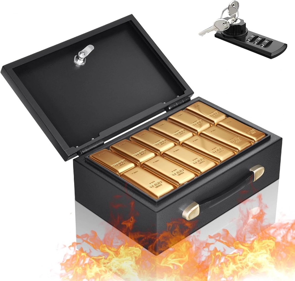 SnelShoppen - Draagbare vuurvaste documentenbox, kleine kluis met cijfercode en 2 sleutels, 32,5 x 21,3 x 11,4 cm, veilige opbergbox voor contant geld