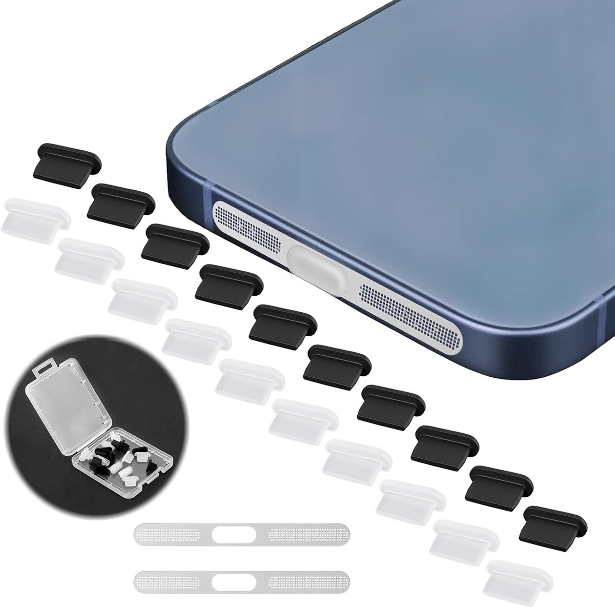 20 stuks stofdoppen voor iPhone 14 13 12 bescherming oplader | Beschermdop voor laadaansluiting 12 11 Pro Max SE XR X 8 Plus Mini 8 7 iPad Airpods met 2 gelijmde mesh en doos