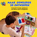 Jongen tekent een vlinder op een sjabloon met een rode 3D-pen. Op tafel liggen sjablonen voor een vlinder, Eiffeltoren en bril.