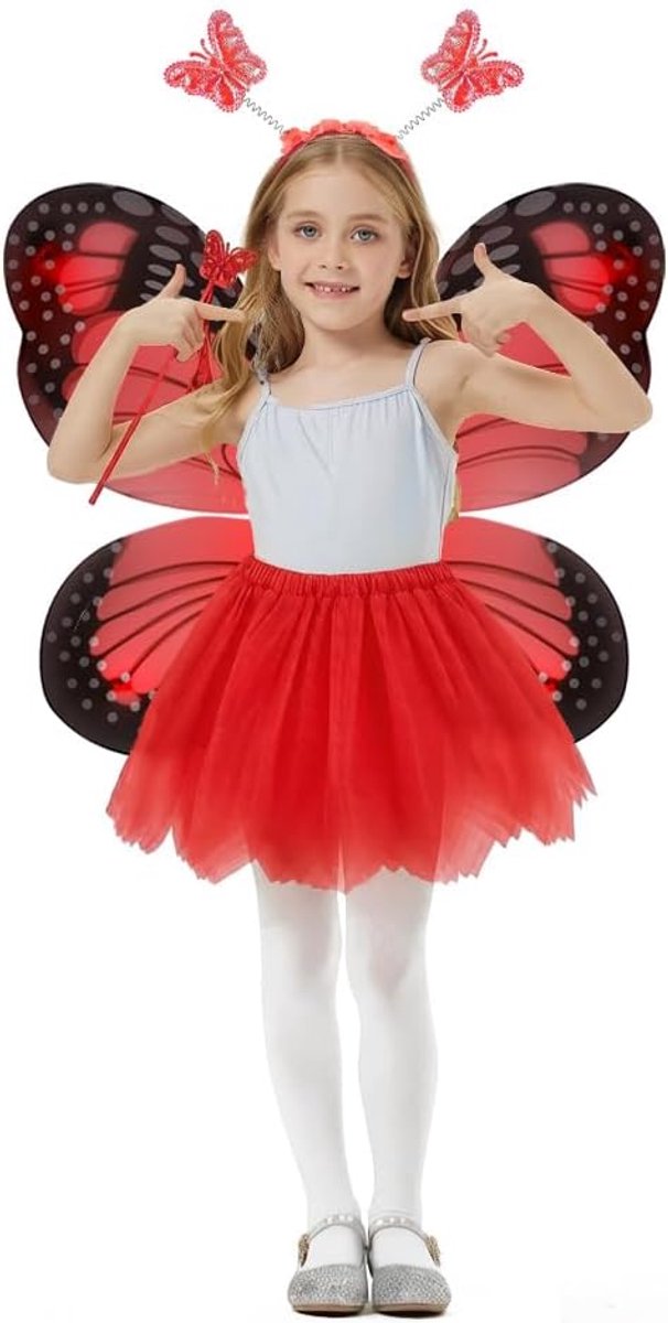 4-delig meisjeskostuum, vleugels, toverstaf, hoofdband en tutu, prinsessenkostuum voor kinderen, meisjes, carnaval, party