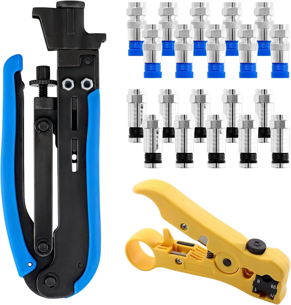 connectoren krimper striptangset, coaxkabel krimptang kit met 20