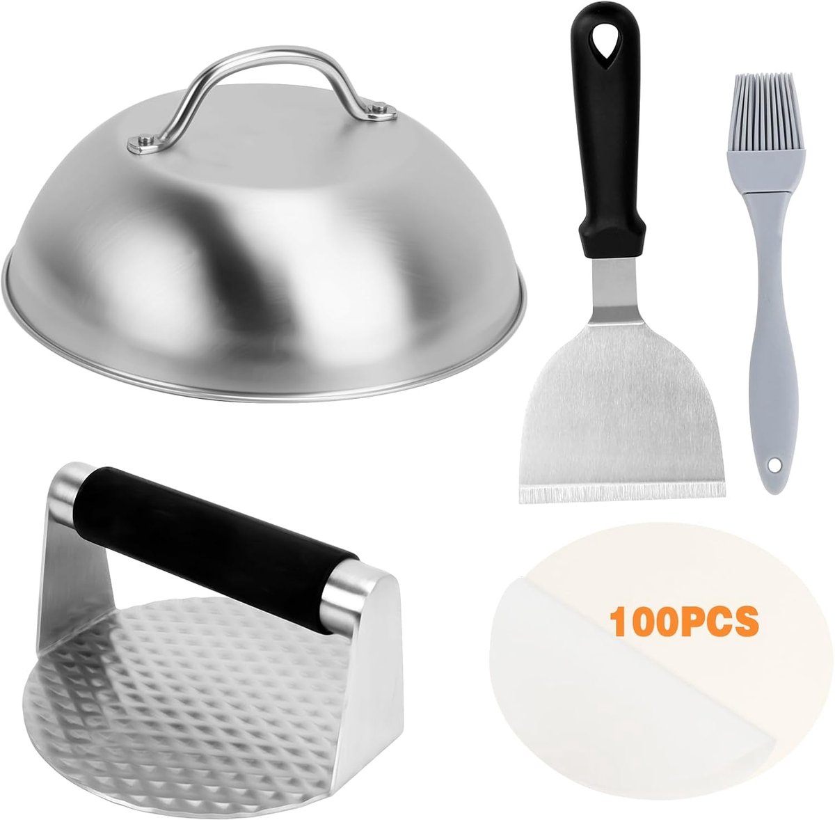 Hamburgerklokset, hamburgerdeksel, Smash Burger, roestvrij staal, 304, deksel voor het smelten van kaas, Smasher Professional met spatel en 100 stuks hamburgerpapier, antiaanbaklaag