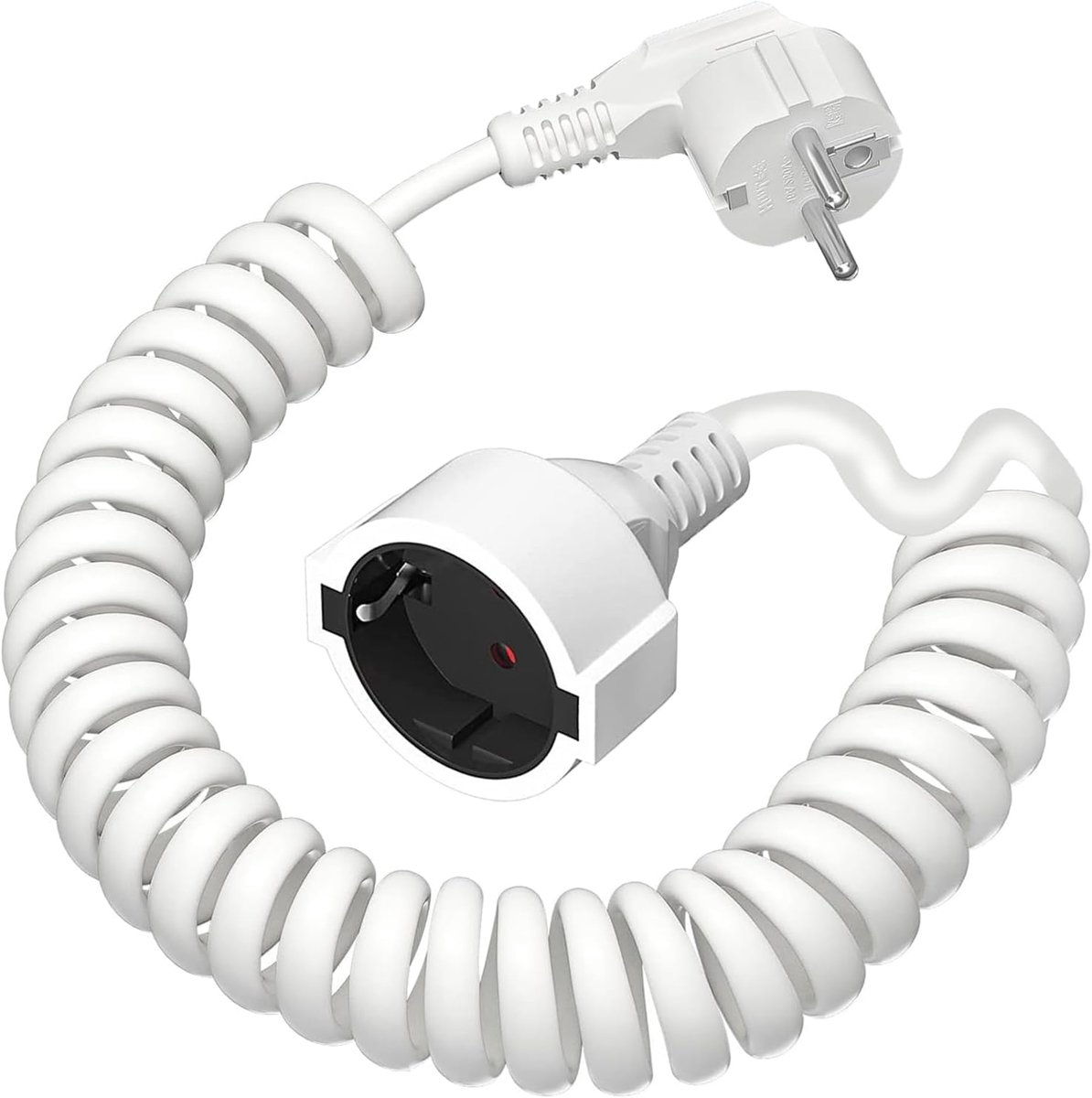 spiraalverlengstuk, 0,8 m tot 2 m rekbare spiraalkabel met geaarde wikkelstekker en geaarde koppeling, (230V/16A) PVC verlengkabel, IP20, wit