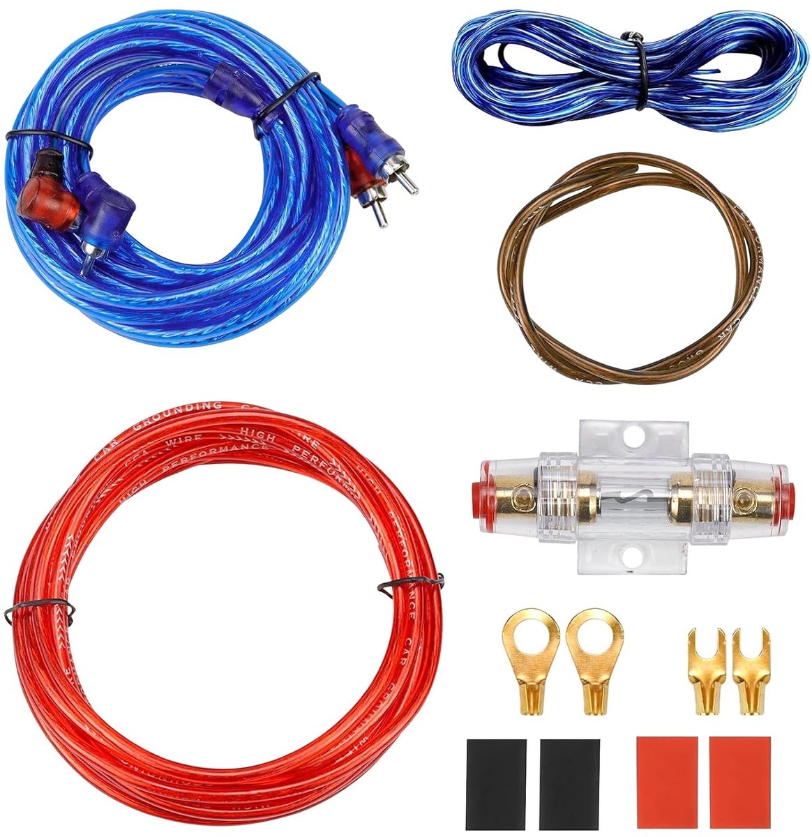 10GA kabelset voor autoversterker, aansluitset, 1500 W, subwoofer-kabelset, auto-versterker, kabel, auto, audio draad, eindversterker, aansluitkabel, installatiekabelset met zekering
