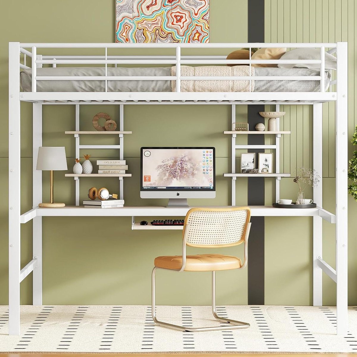 Hoogslaper met Bureau - Bed met Bureau - Ruimte Besparen - Stalen Frame - 140 x 200 cm - Wit