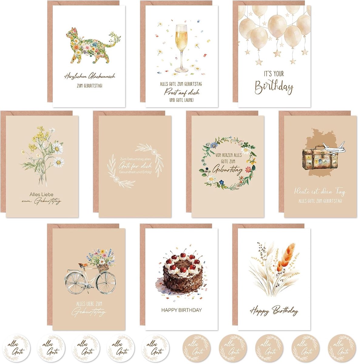 SnelShoppen - Set van 10 Verjaardagskaarten met Envelop en Stickers, Vouwkaarten, Wenskaarten voor Vrouw, Vrienden, Familie, Collega's, Feestelijke Mo