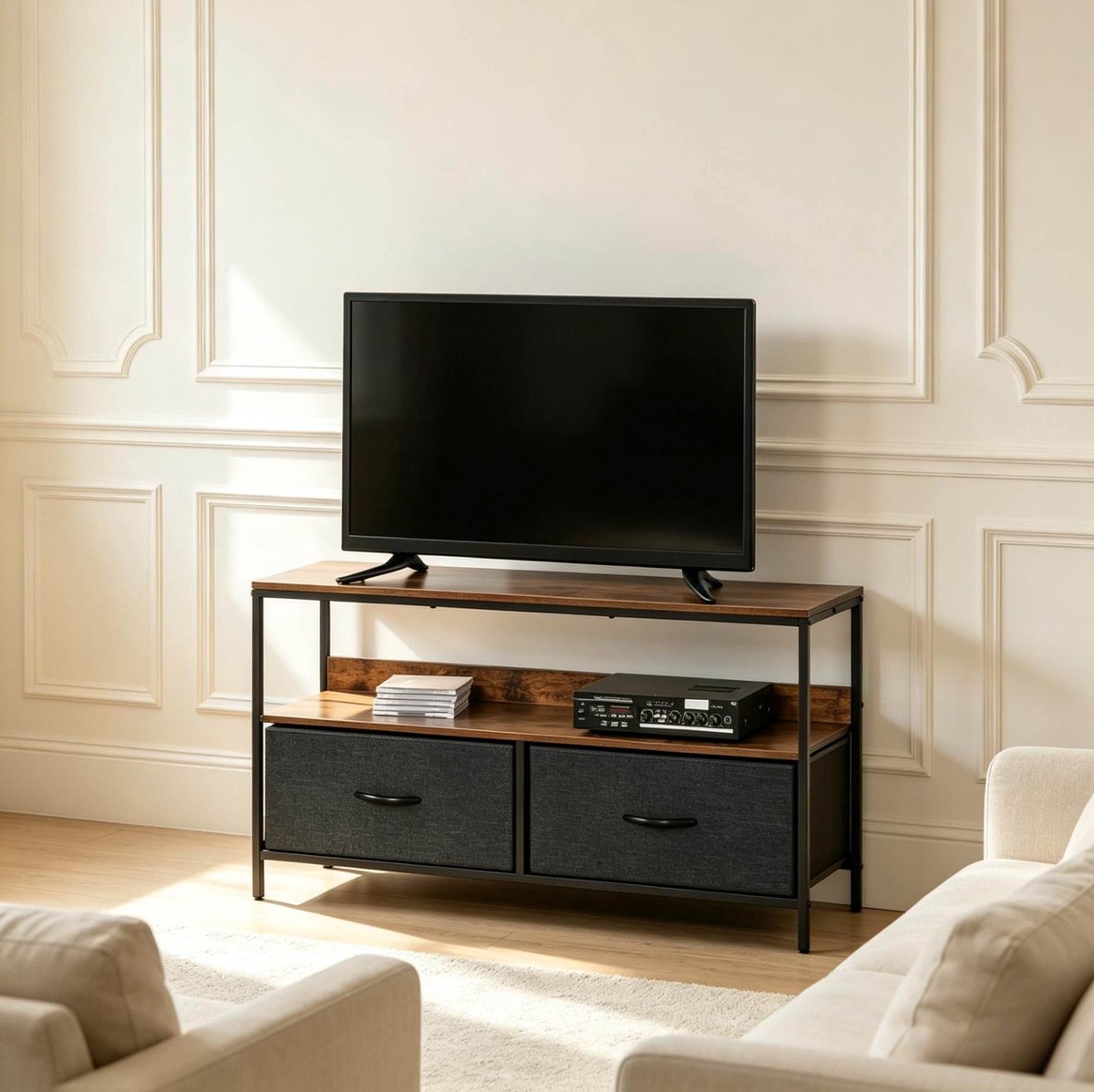 MIVRAY TV Meubel - Industrieel Lowboard Met Opvouwbare Lades En Open Vak - Voor Woonkamer En Slaapkamer - Metaal Houtlook - Zwart Grijs