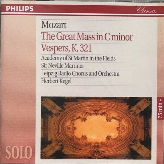 CD hoes met Mozart, The Great Mass in C minor, Vespers K. 321, Academy of St Martin in the Fields, Sir Neville Marriner, Leipzig Radio Chorus and Orchestra, Herbert Kegel. Met een afbeelding van een plafondornament.