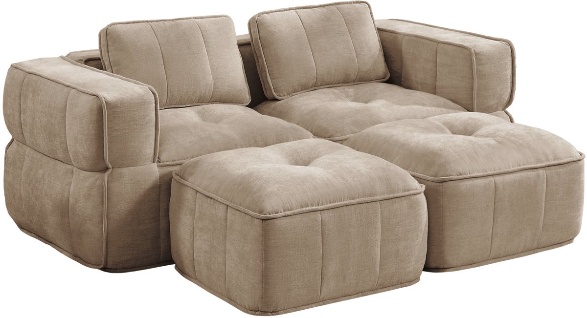 MEUNIQ modulaire 2-zitsbank met 2 hockers, polyester bekleding, brede armleuningen en diepe zit voor de woonkamer, zandkleur