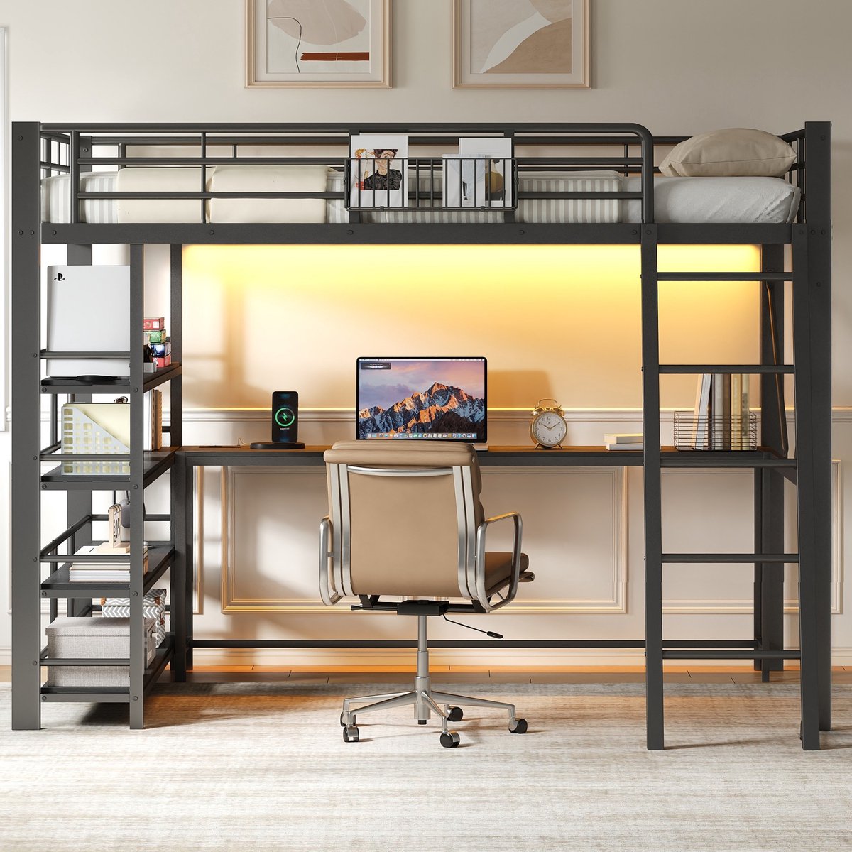 MIVRAY Hoogslaper 140 x 200 cm Met Matras - Met Bureau En Opbergruimte - Met LED Verlichting En Trap - Metaal - Zwart