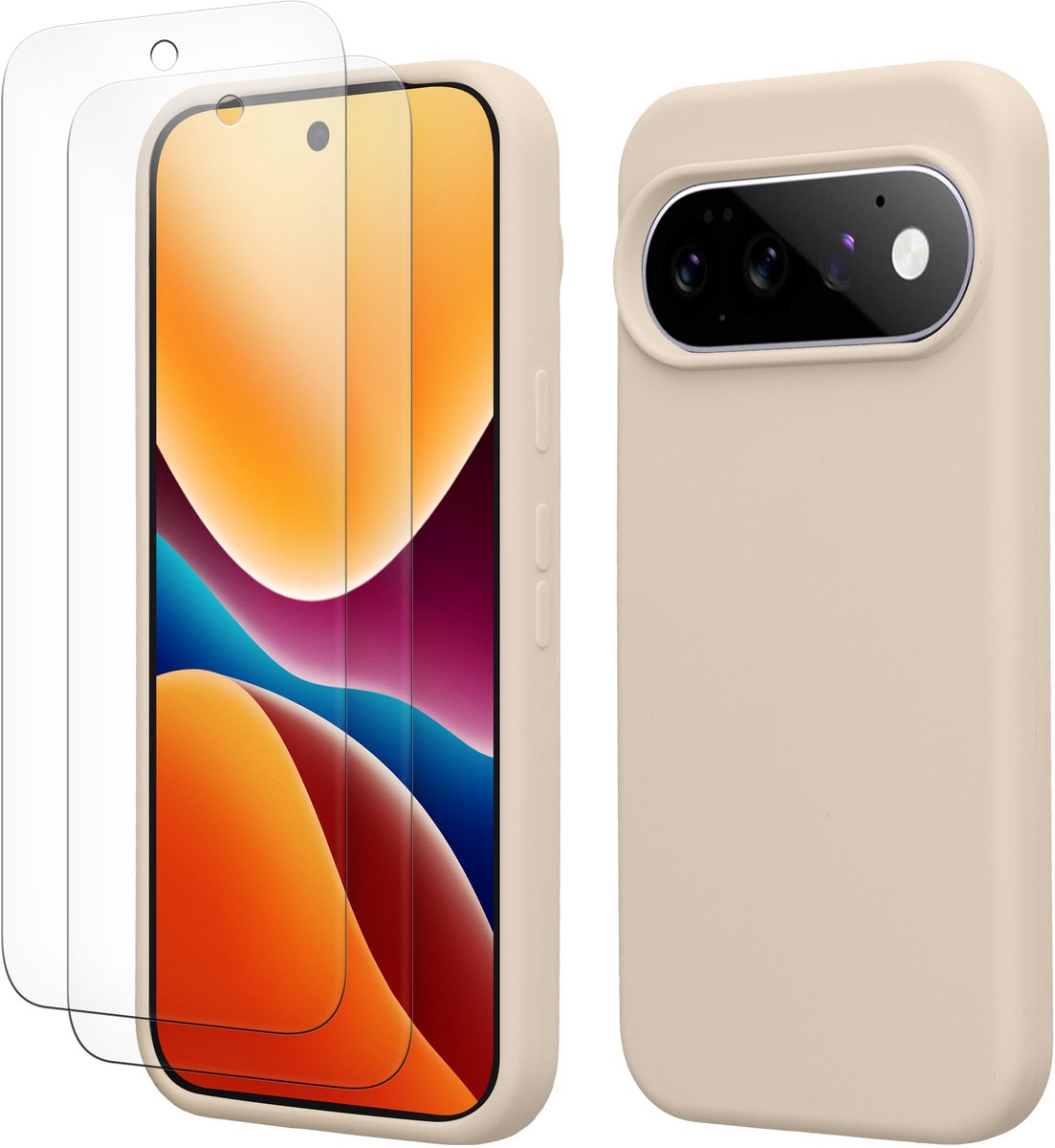 kwmobile hoes met 2x screenprotectors voor Google Pixel 11 / Pixel 11 Pro – screenprotector van gehard glas – draadloos opladen – mat crème